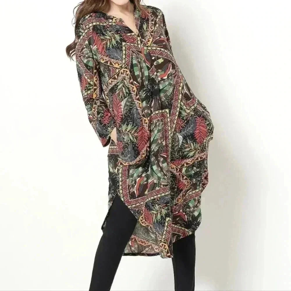 Attitudes by Renee Regular Global Illusions Printed Caftan Black Mosaic